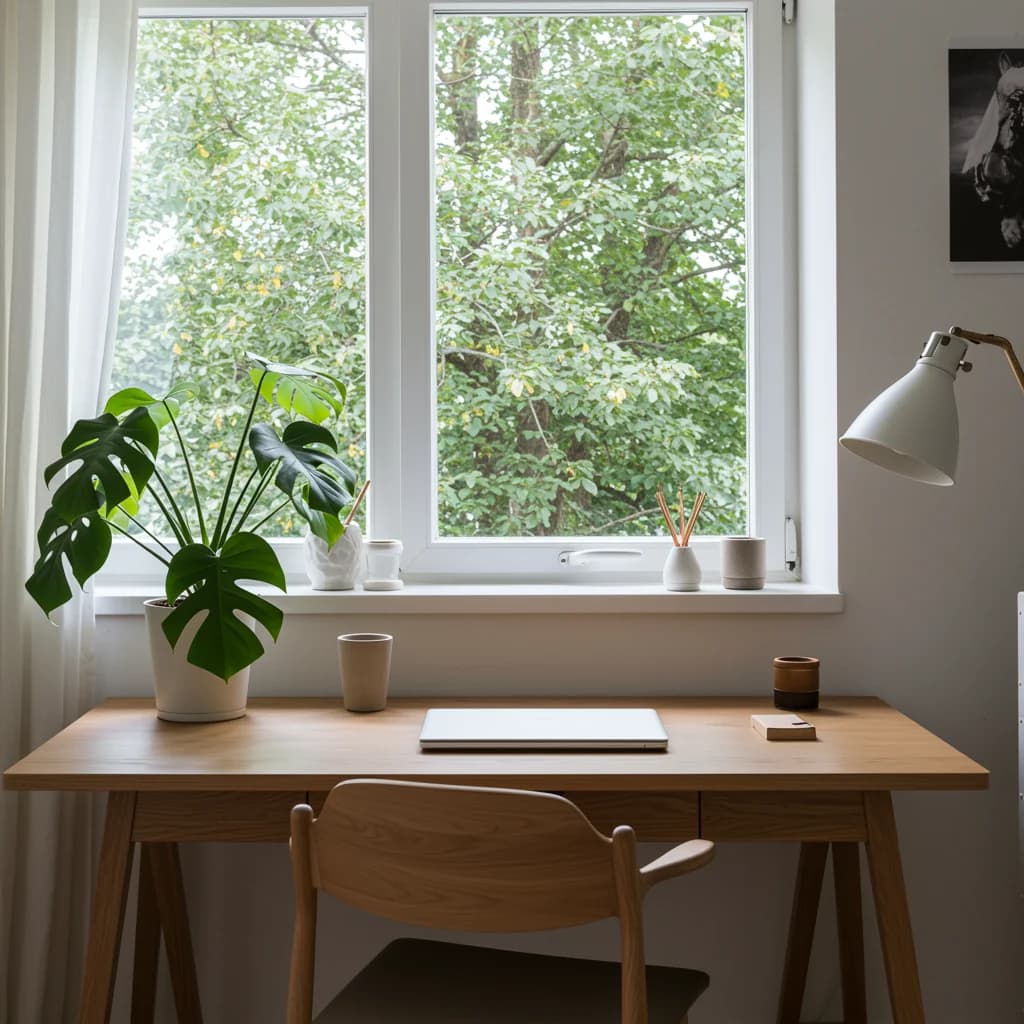 Fenêtre PVC anthracite dans un intérieur scandinave contrasté