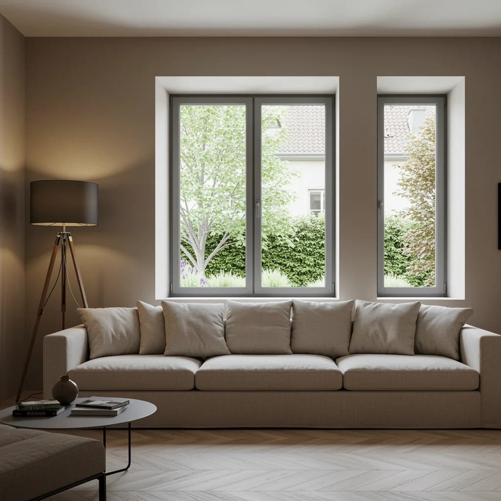 Fenêtre PVC anthracite dans un salon moderne minimaliste