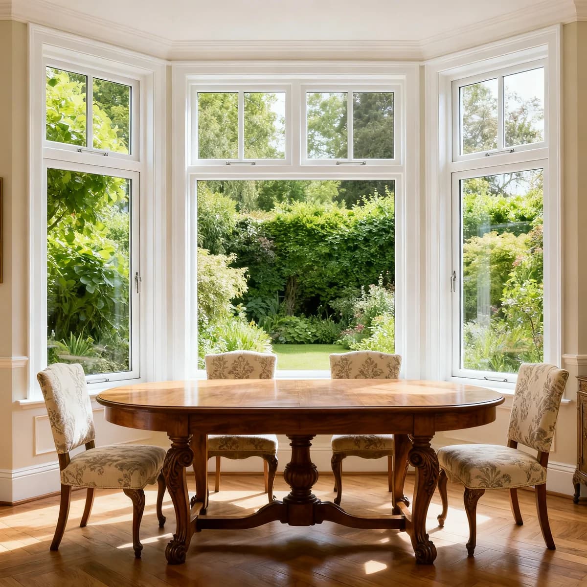 Fenêtre blanche PVC dans une salle à manger, vue de l'intérieur