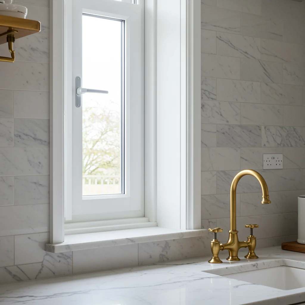 Fenêtre blanche PVC en mode oscillo-battant, ouverte en imposte