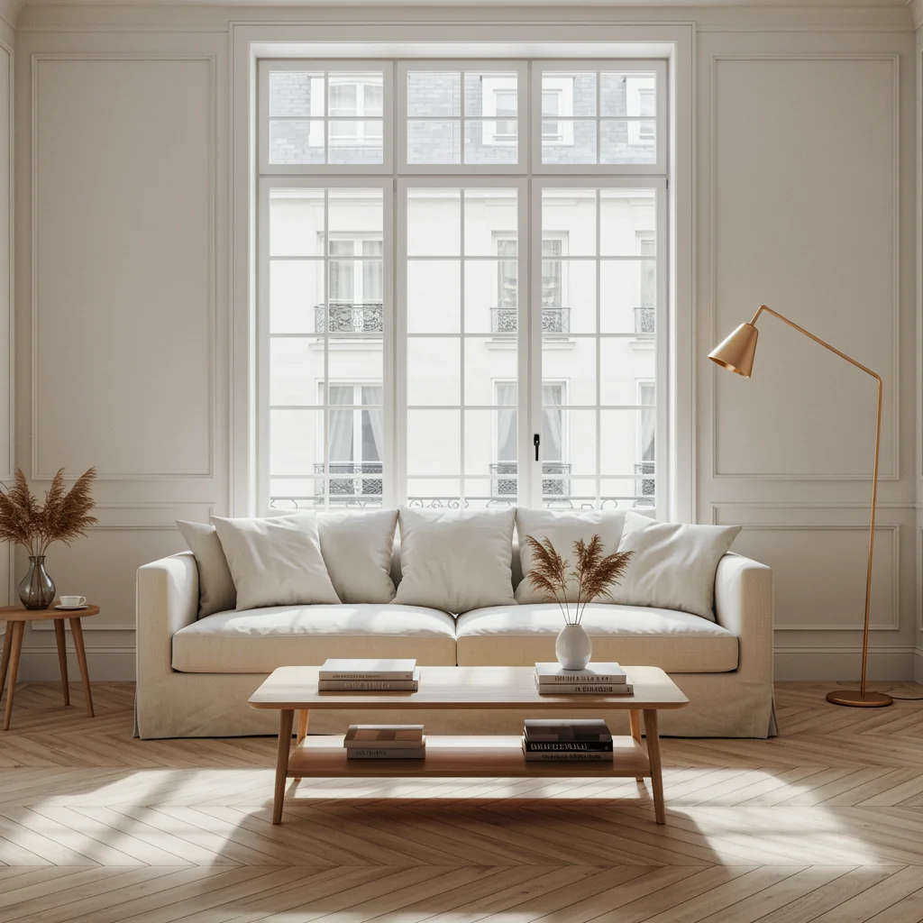 Fenêtre PVC chêne doré dans un salon parisien chaleureux