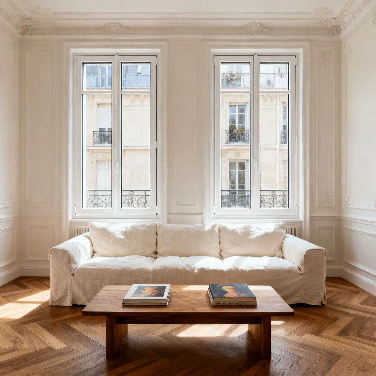 Fenêtre PVC finition chêne doré dans un salon lumineux