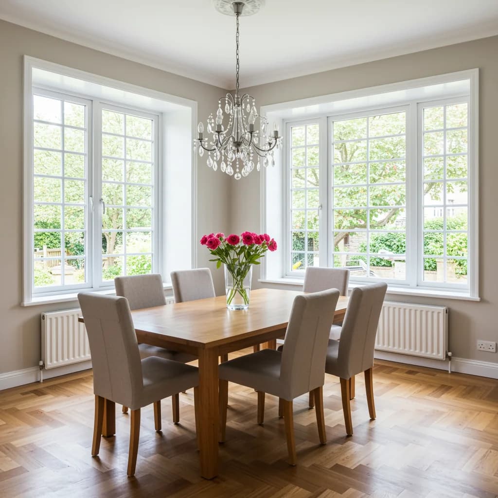 Fenêtre PVC chêne doré dans une salle à manger, lumière naturelle