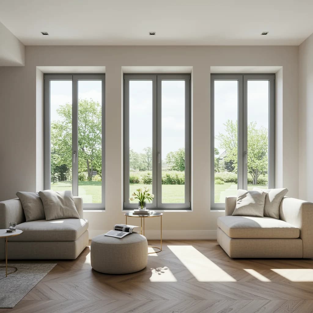 Fenêtre PVC chêne doré dans un intérieur aux tons bois et naturels