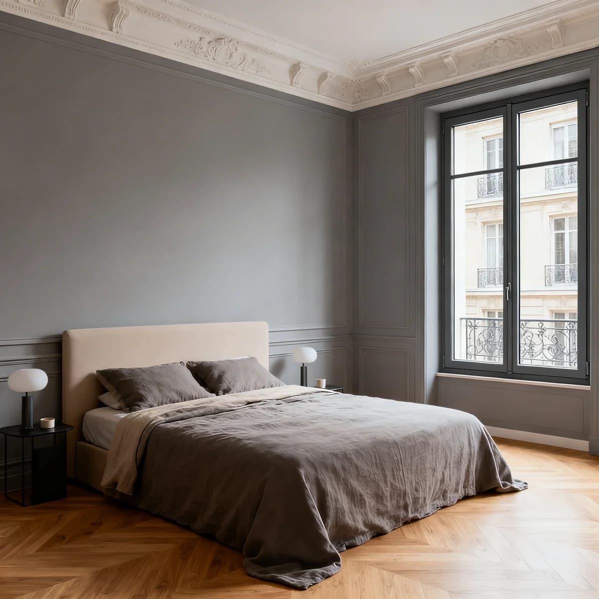 Fenêtre PVC noir dans une chambre raffinée au style architectural