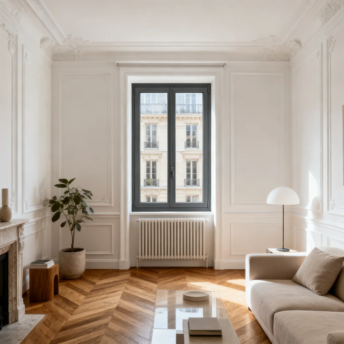 Ambiance intérieure d'un appartement moderne parisien avec fenêtres PVC