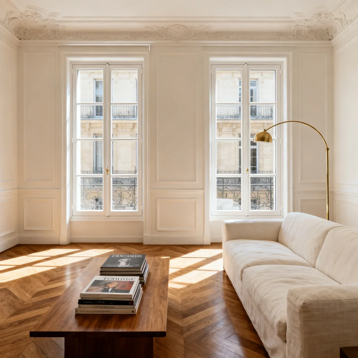 Ambiance intérieure d'un appartement parisien élégant, lumière naturelle