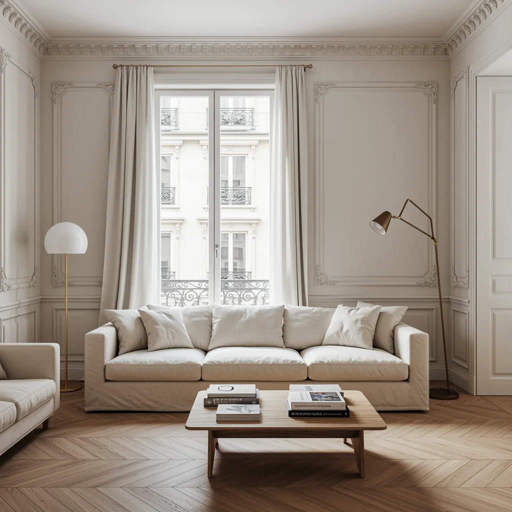 Ambiance chaleureuse d'un appartement parisien en fin de journée