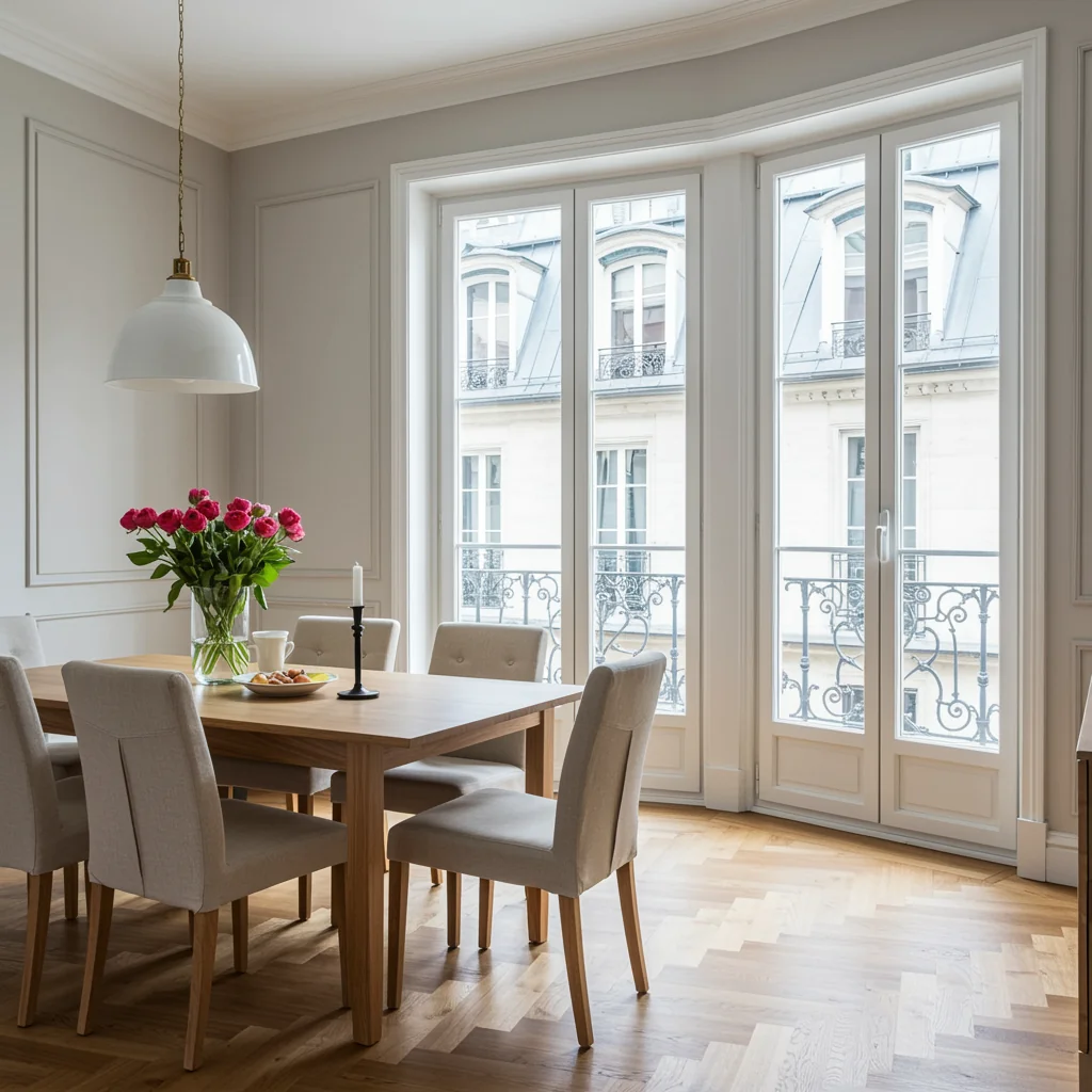 Salle à manger parisienne baignée de lumière, menuiseries blanches