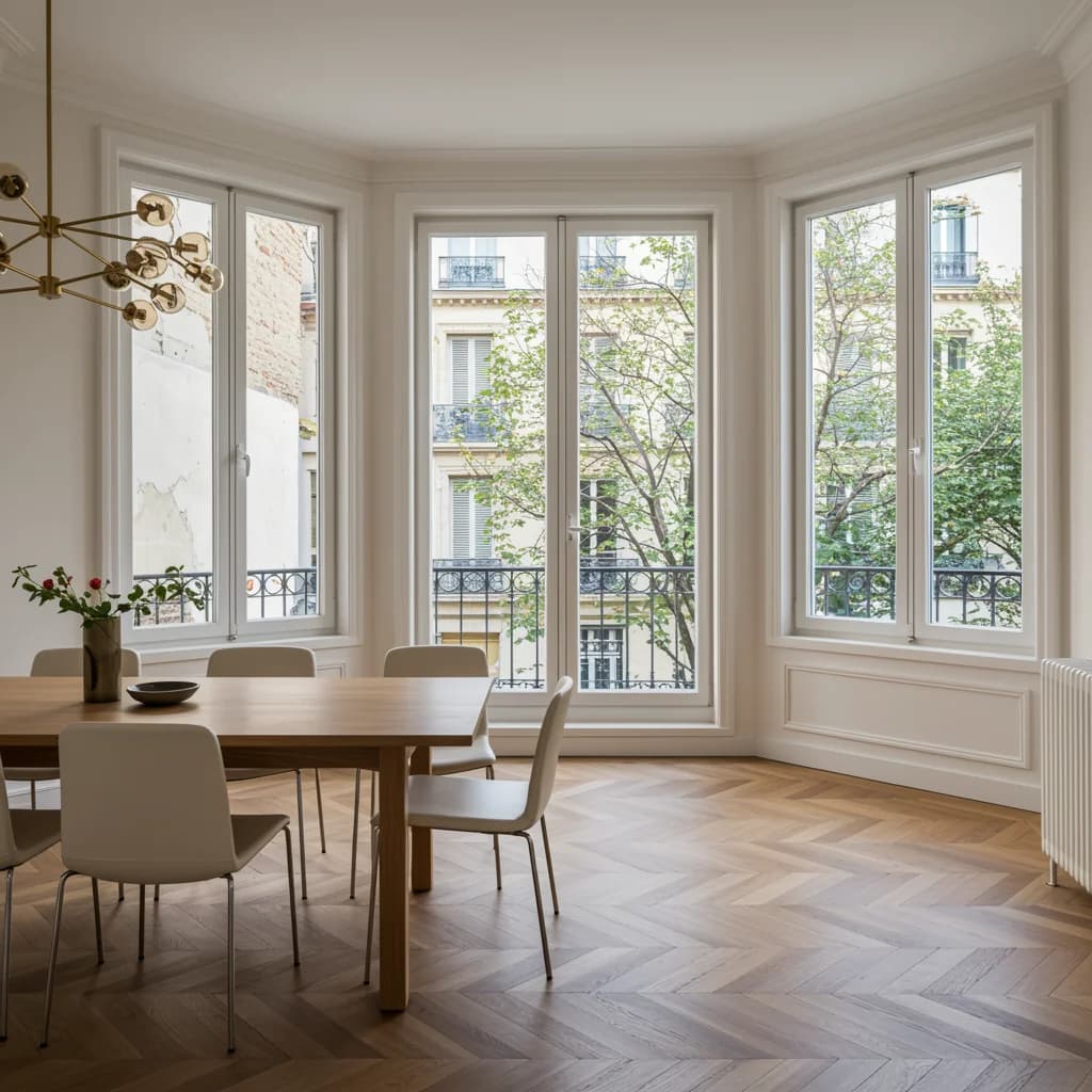 Salle à manger à l'heure dorée — reflets chauds sur les fenêtres PVC