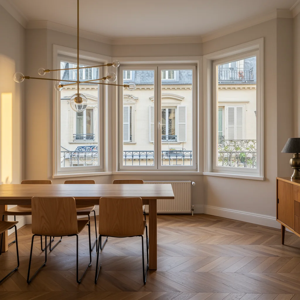 Ambiance golden hour dans une salle à manger avec grandes fenêtres